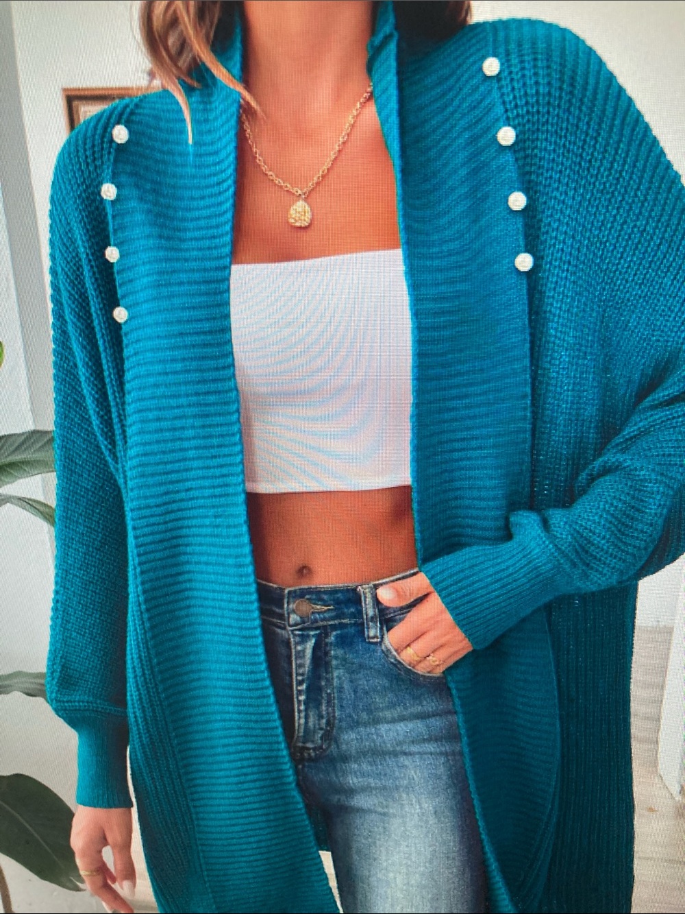 Teal Open-Front Pearl-Accent Ribbed Cardigan Sweater